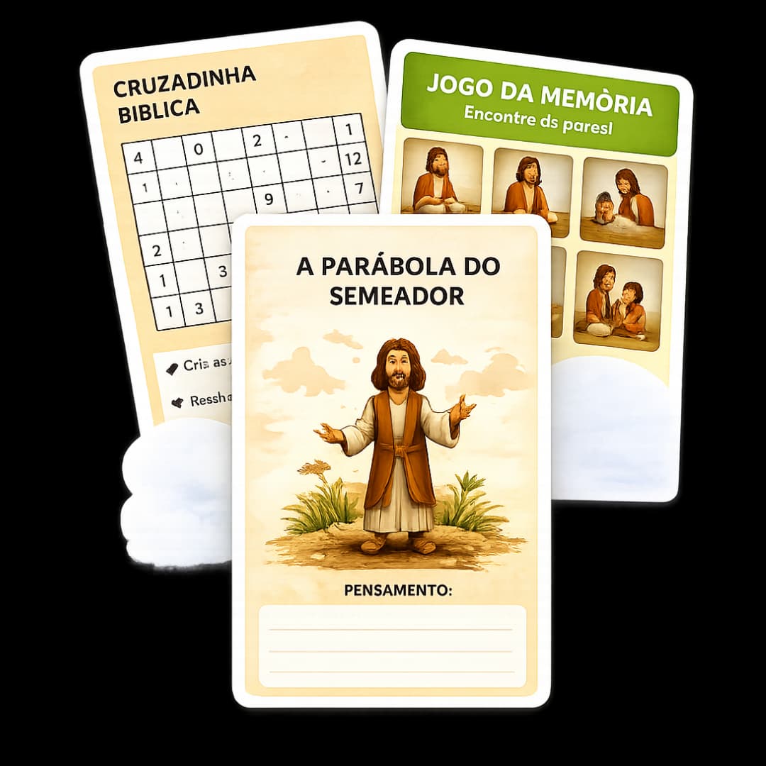 Amostras de atividades do kit: cruzadinha bíblica, jogo da memória e a parábola do semeador